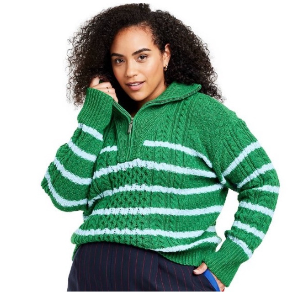 La Ligne Sweater x Target XL Quarter Zip Striped Cable Knit Green Light Blue NWT